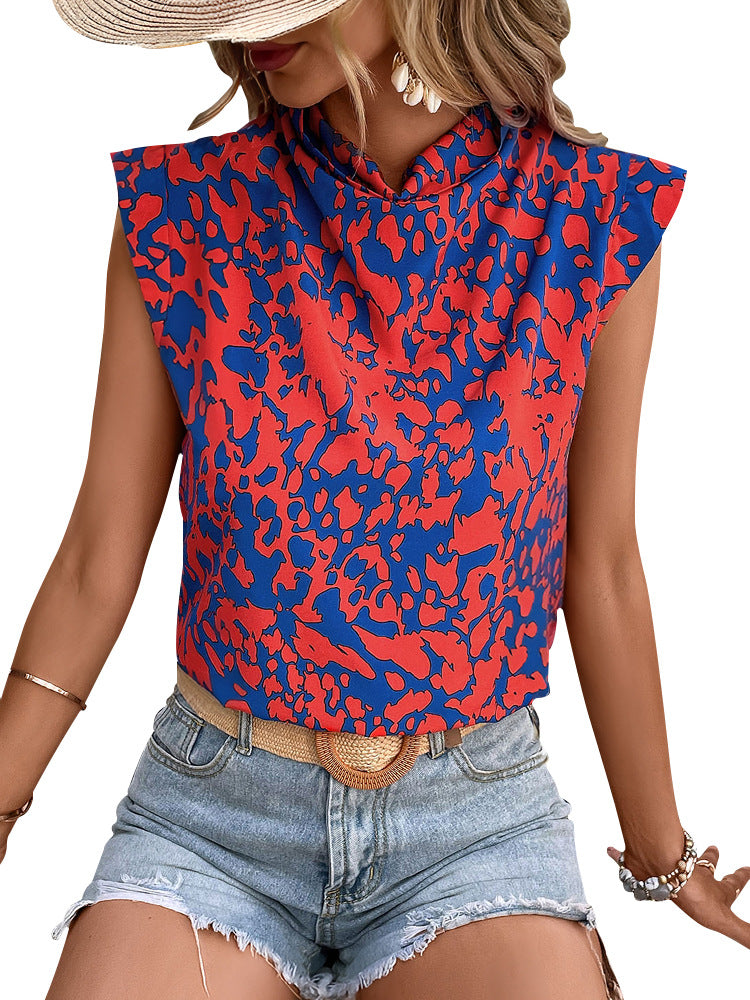 Abstract Color-Block Print Sleeveless Top with Cowl Neck
