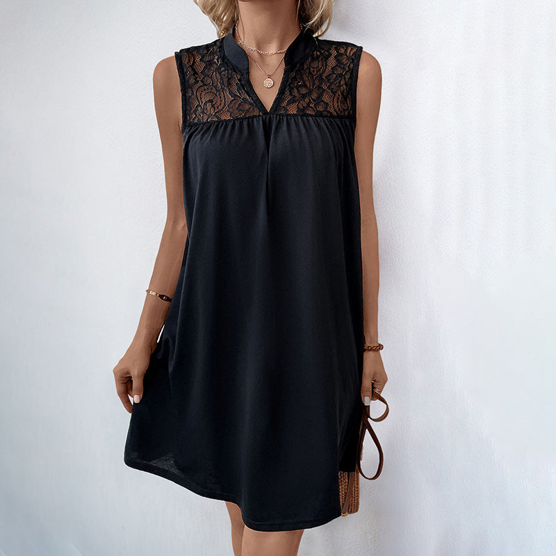 Sleeveless Shift Mini Dress with Stand Collar and Lace Patchwork