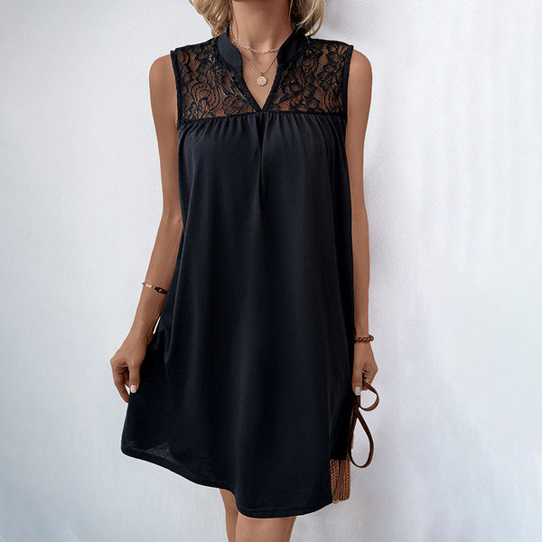 Sleeveless Shift Mini Dress with Stand Collar and Lace Patchwork