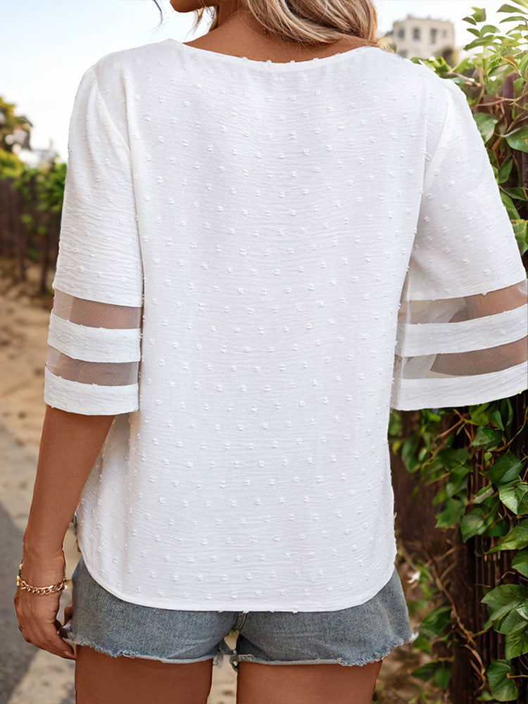 Textured V-Neck Top with Mesh Panel Sleeves