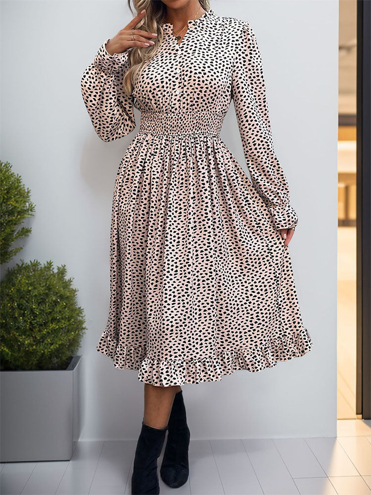 Leopard Print Midi Dress with Smocked Waist and Stand Collar