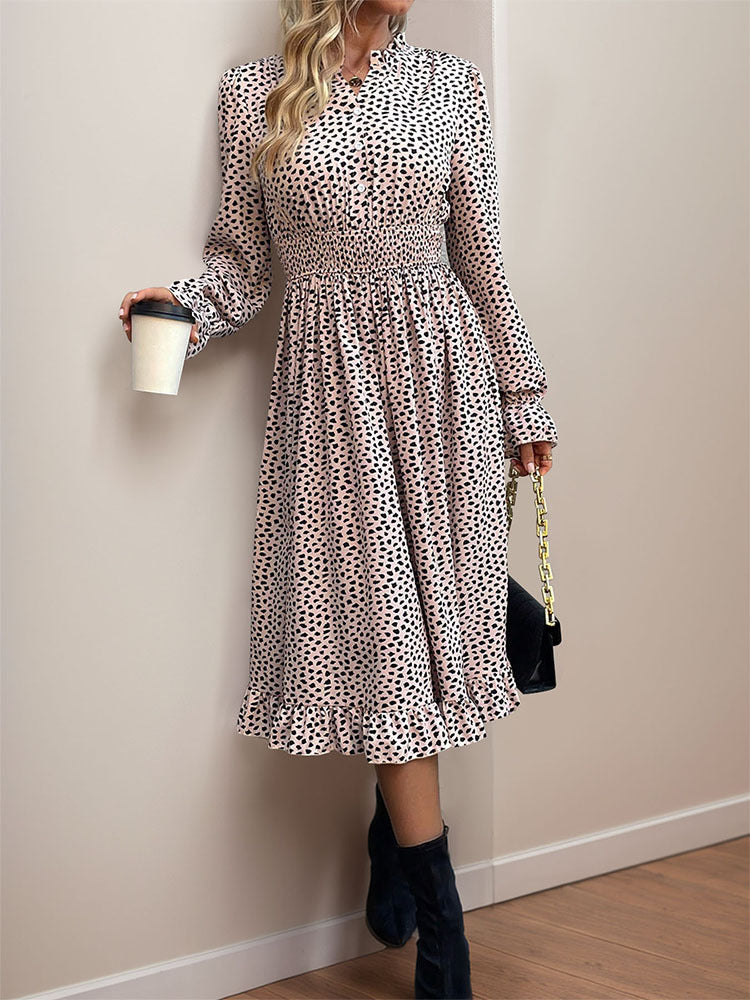 Leopard Print Midi Dress with Smocked Waist and Stand Collar