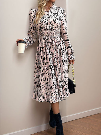 Leopard Print Midi Dress with Smocked Waist and Stand Collar