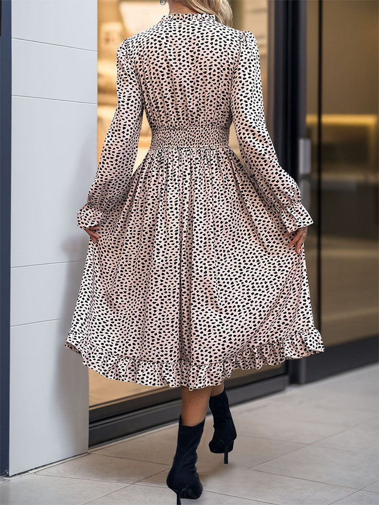 Leopard Print Midi Dress with Smocked Waist and Stand Collar
