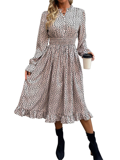 Leopard Print Midi Dress with Smocked Waist and Stand Collar