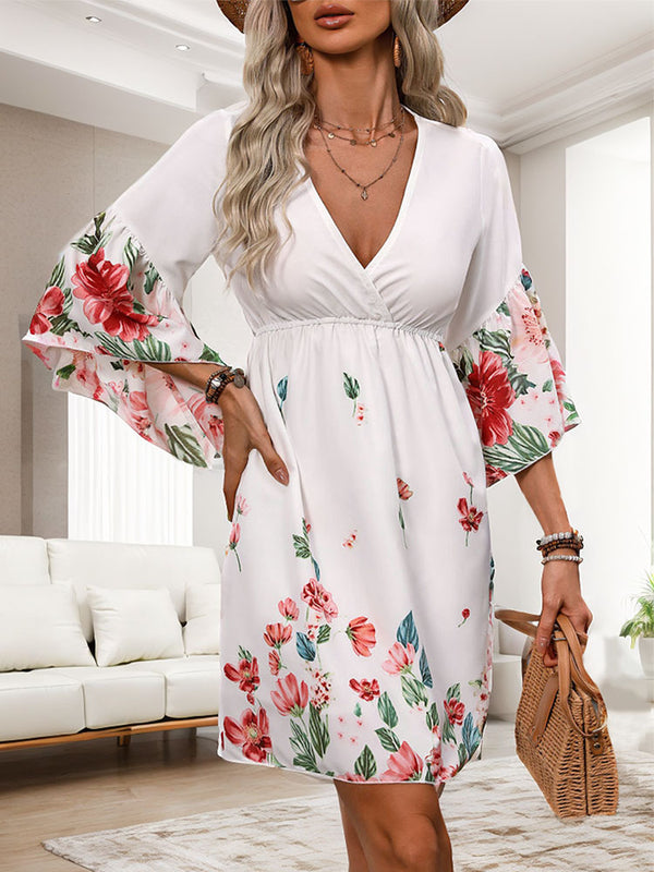 Floral Print Dress with V-Neck and Flared Three-Quarter Sleeves