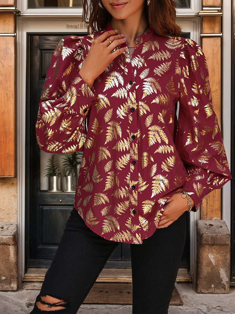 Gold Foil Fern Print Shirt with Stand Collar and Puff Sleeves