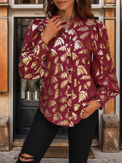 Gold Foil Fern Print Shirt with Stand Collar and Puff Sleeves