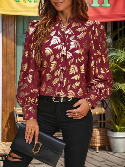 Gold Foil Fern Print Shirt with Stand Collar and Puff Sleeves