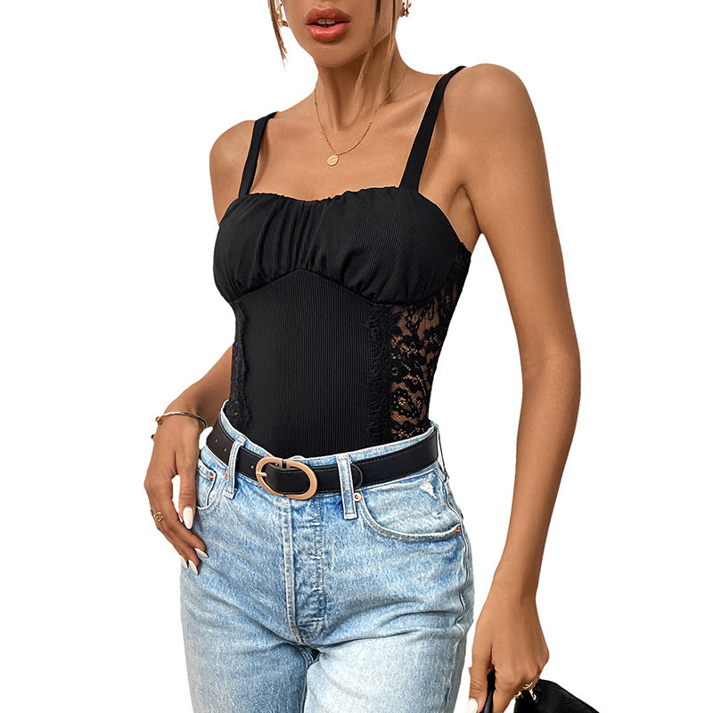 Ribbed Knit Bodysuit with Lace Side Panels and Ruched Bust