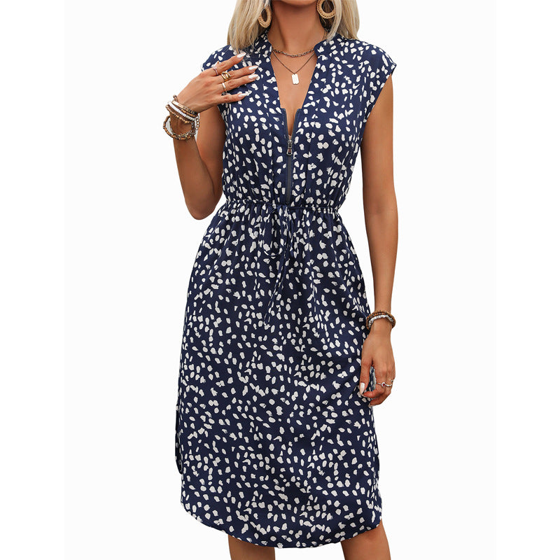 Speckled Print Midi Dress with Zipper V-Neck and Drawstring Waist