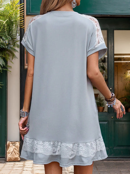 Solid T-Shirt Dress with Lace Raglan Sleeves and Hem