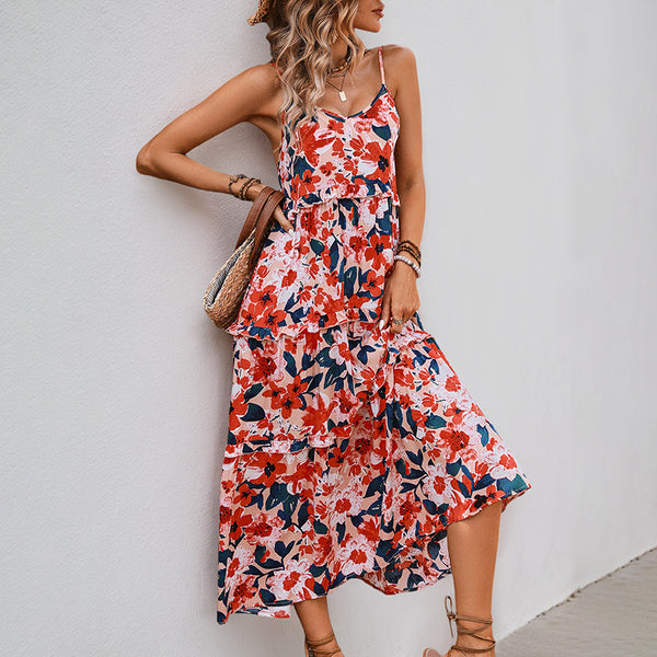 Floral Print A-Line Midi Dress with Spaghetti Straps and Flounce