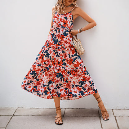 Floral Print A-Line Midi Dress with Spaghetti Straps and Flounce