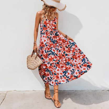 Floral Print A-Line Midi Dress with Spaghetti Straps and Flounce