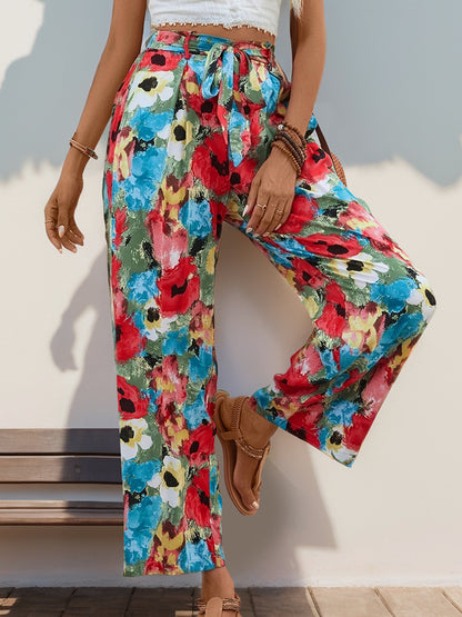 Floral Print Wide-Leg Pants with Self-Tie High Waist