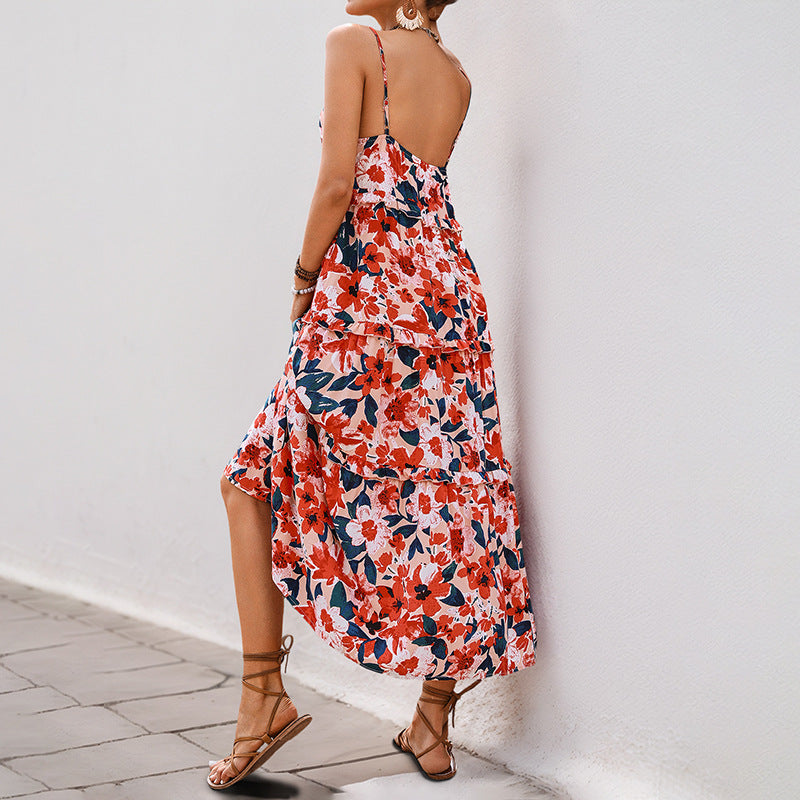 Floral Print A-Line Midi Dress with Spaghetti Straps and Flounce
