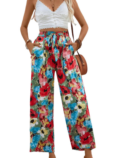 Floral Print Wide-Leg Pants with Self-Tie High Waist