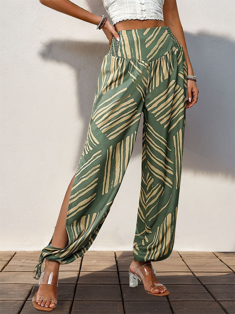 Geometric Print Lantern Pants with Smocked Waist and Side Slits