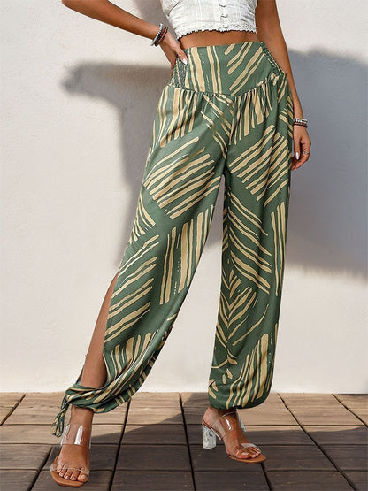 Geometric Print Lantern Pants with Smocked Waist and Side Slits
