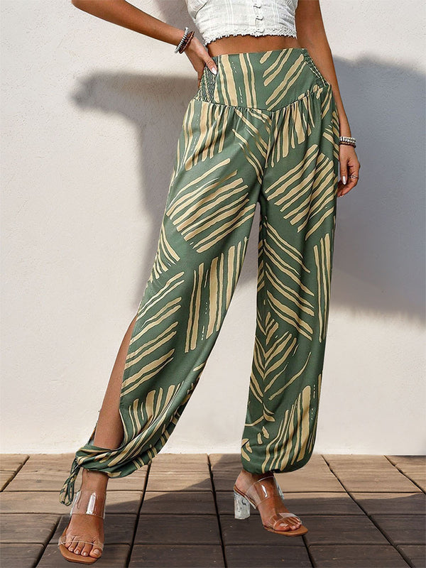 Geometric Print Lantern Pants with Smocked Waist and Side Slits