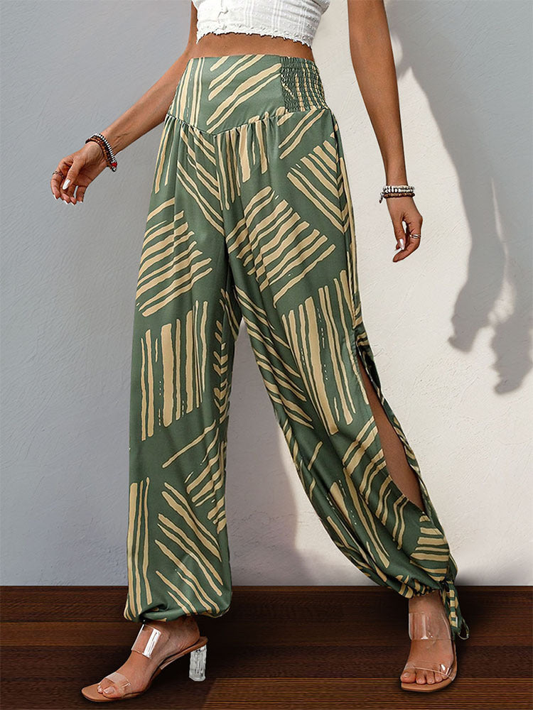 Geometric Print Lantern Pants with Smocked Waist and Side Slits