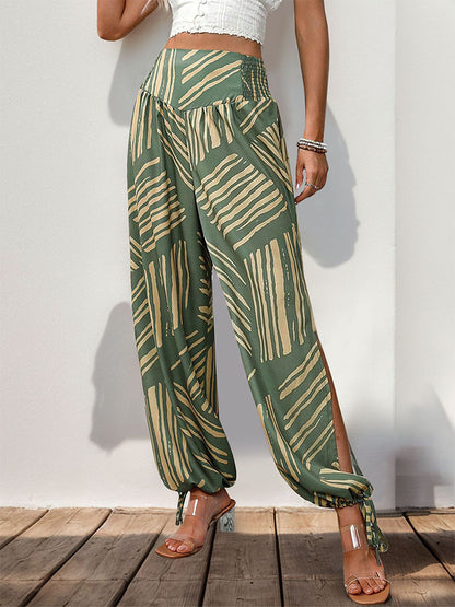 Geometric Print Lantern Pants with Smocked Waist and Side Slits