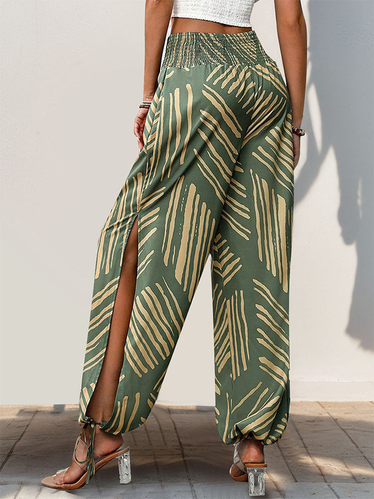 Geometric Print Lantern Pants with Smocked Waist and Side Slits