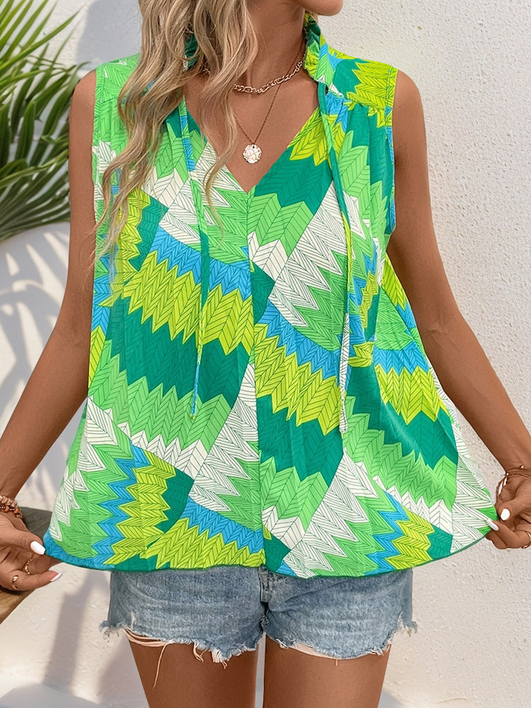 Abstract Leaf Print Sleeveless Top with V-Neck Tie Detail