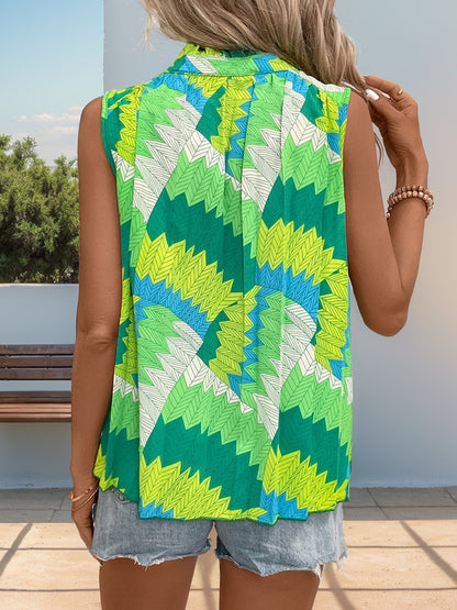 Abstract Leaf Print Sleeveless Top with V-Neck Tie Detail