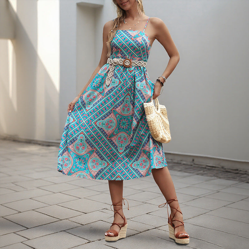 Retro Geometric Print A-Line Camisole Midi Dress