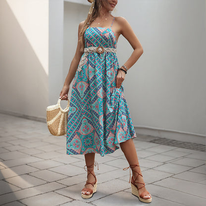 Retro Geometric Print A-Line Camisole Midi Dress