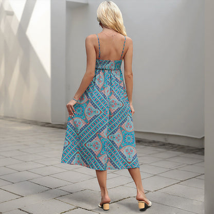 Retro Geometric Print A-Line Camisole Midi Dress