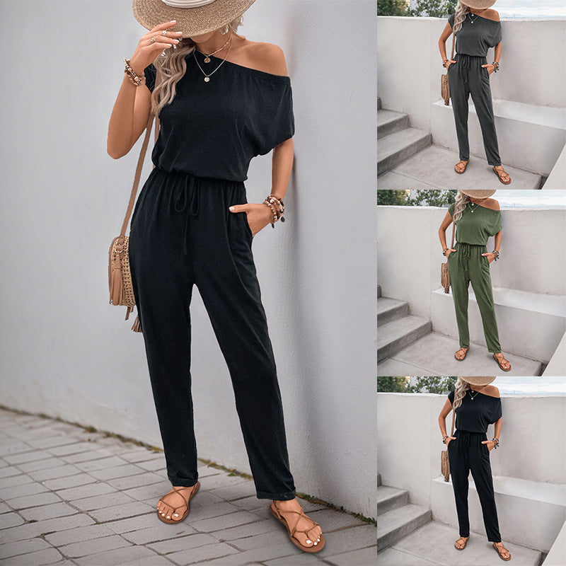 Relaxed Fit Jumpsuit with Off-Shoulder and Drawstring Waist
