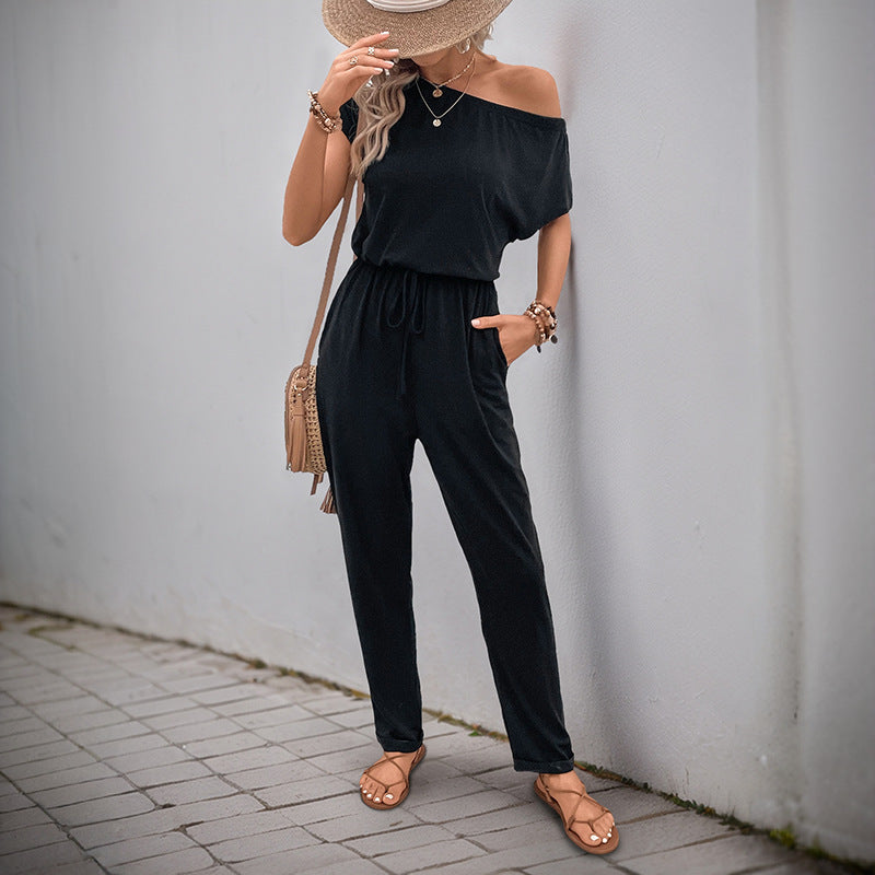 Relaxed Fit Jumpsuit with Off-Shoulder and Drawstring Waist