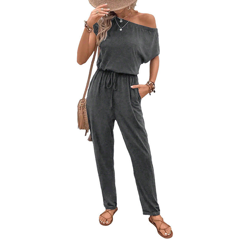 Relaxed Fit Jumpsuit with Off-Shoulder and Drawstring Waist