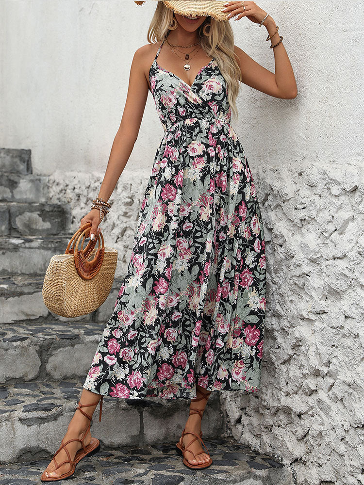 Floral Print A-Line Dress with V-Neck and High-Low Hem