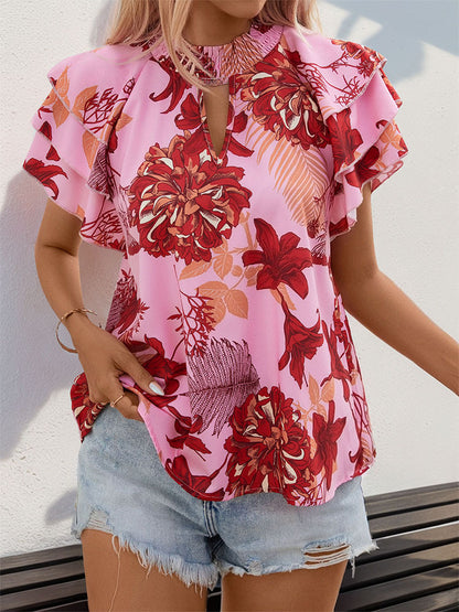 Floral Print Blouse with Tiered Ruffle Sleeves and Keyhole Neck
