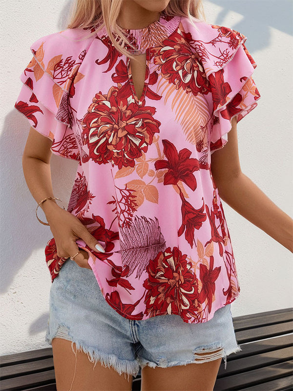 Floral Print Blouse with Tiered Ruffle Sleeves and Keyhole Neck