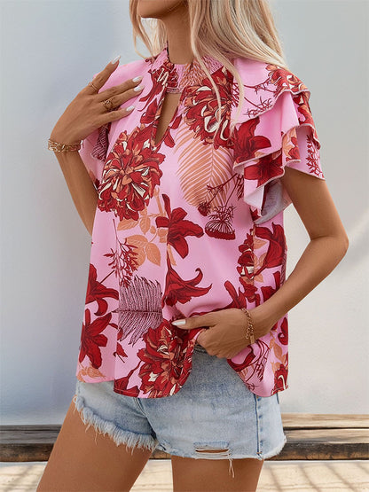Floral Print Blouse with Tiered Ruffle Sleeves and Keyhole Neck