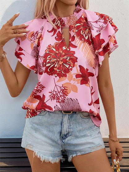 Floral Print Blouse with Tiered Ruffle Sleeves and Keyhole Neck