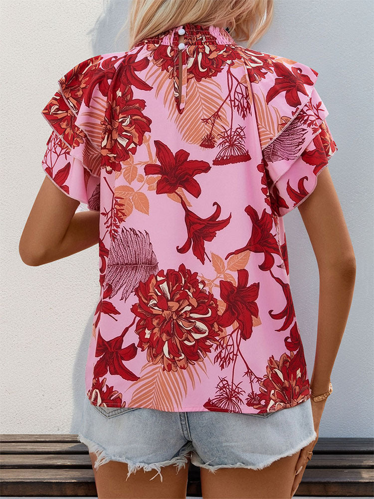 Floral Print Blouse with Tiered Ruffle Sleeves and Keyhole Neck