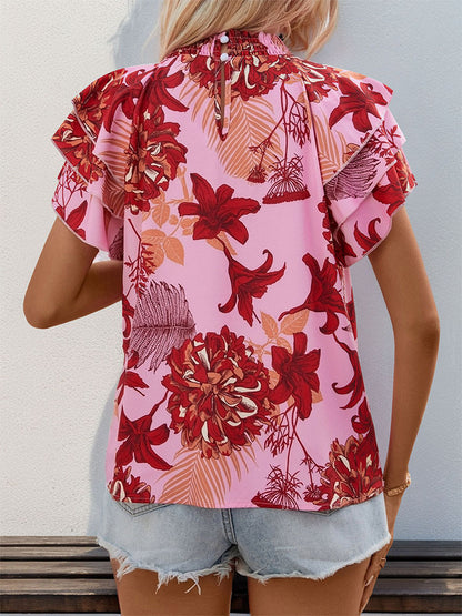 Floral Print Blouse with Tiered Ruffle Sleeves and Keyhole Neck