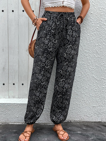 Ethnic Printed Jogger Pants with High Waist and Drawstring