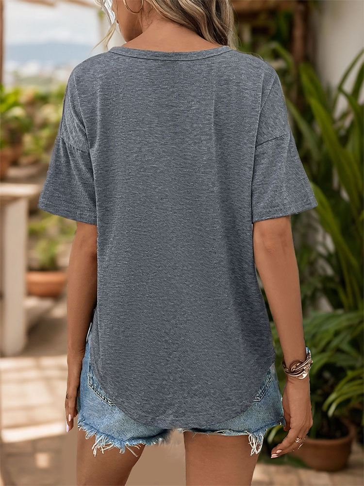 Solid T-Shirt with V-Neck and Henley Placket