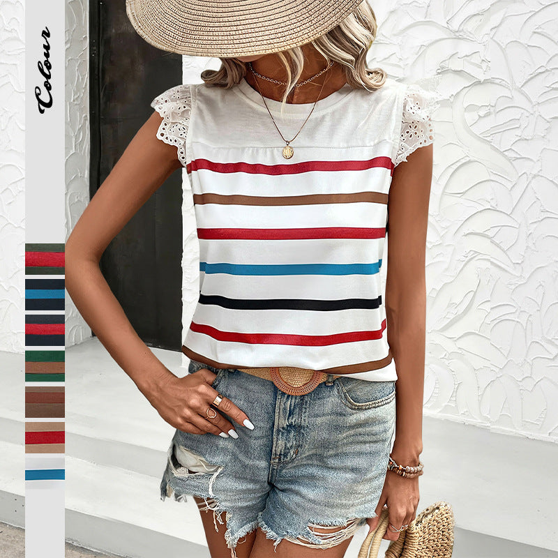 Striped T-Shirt with Lace Trim Ruffle Sleeves