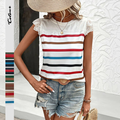 Striped T-Shirt with Lace Trim Ruffle Sleeves