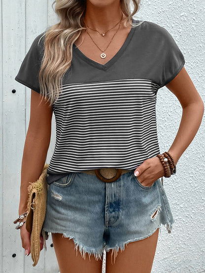 Striped Color Block T-Shirt with V-Neck and Short Sleeves