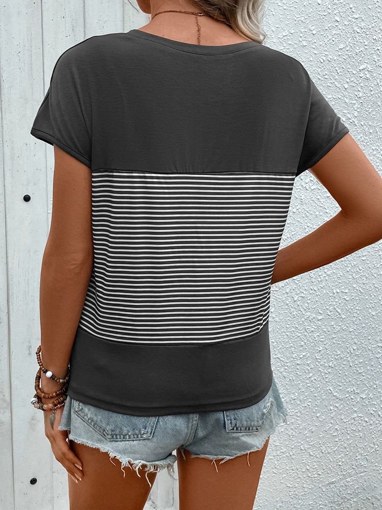 Striped Color Block T-Shirt with V-Neck and Short Sleeves