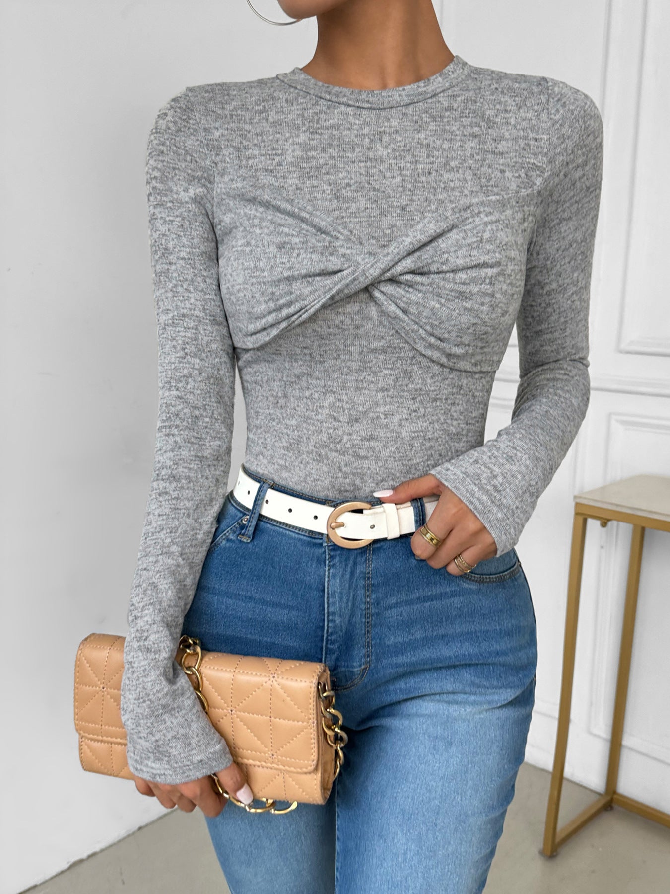 Slim Fit Long-Sleeve Knit Top with Twist Front